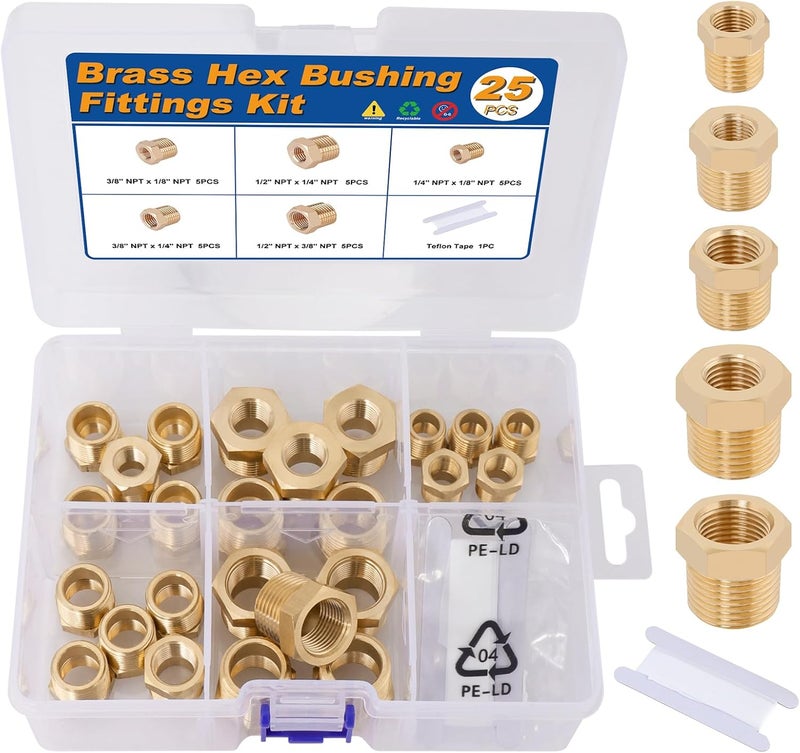 KOOTANS 25PCS Brass Hex Bushing Kit Brass Fittings Assortment 1/4" to 1/8", 3/8" to 1/8", 3/8" to 1/4", 1/2" to 1/4", 1/2" to 3/8" NPT Reducer Pipe Fittings Adapter Fitting - Image 1