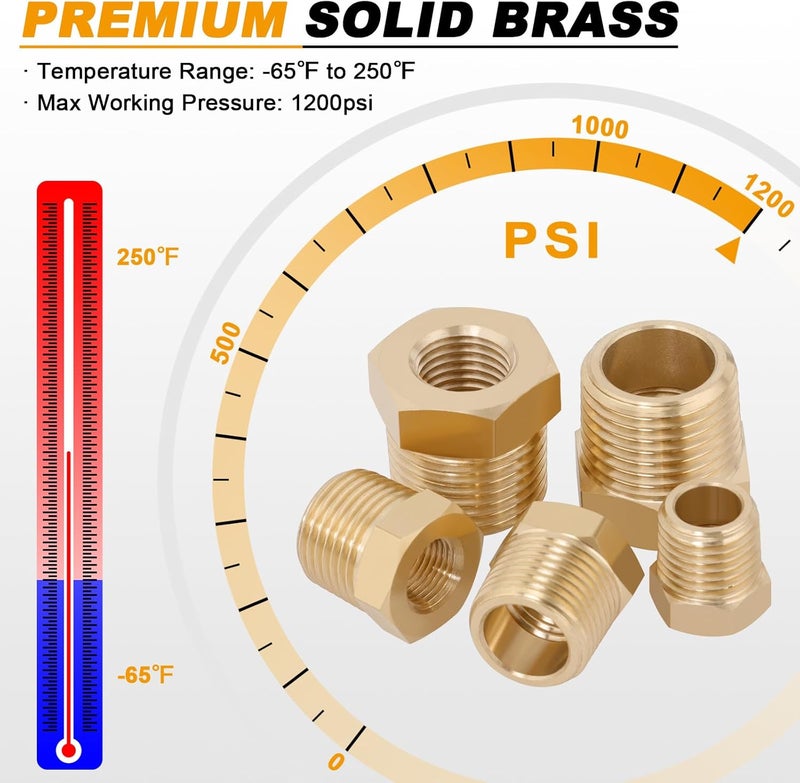 KOOTANS 25PCS Brass Hex Bushing Kit Brass Fittings Assortment 1/4" to 1/8", 3/8" to 1/8", 3/8" to 1/4", 1/2" to 1/4", 1/2" to 3/8" NPT Reducer Pipe Fittings Adapter Fitting - Image 5