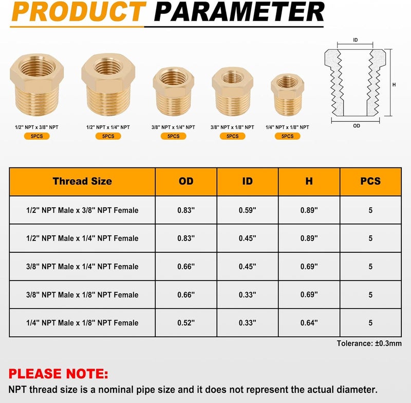 KOOTANS 25PCS Brass Hex Bushing Kit Brass Fittings Assortment 1/4" to 1/8", 3/8" to 1/8", 3/8" to 1/4", 1/2" to 1/4", 1/2" to 3/8" NPT Reducer Pipe Fittings Adapter Fitting - Image 3