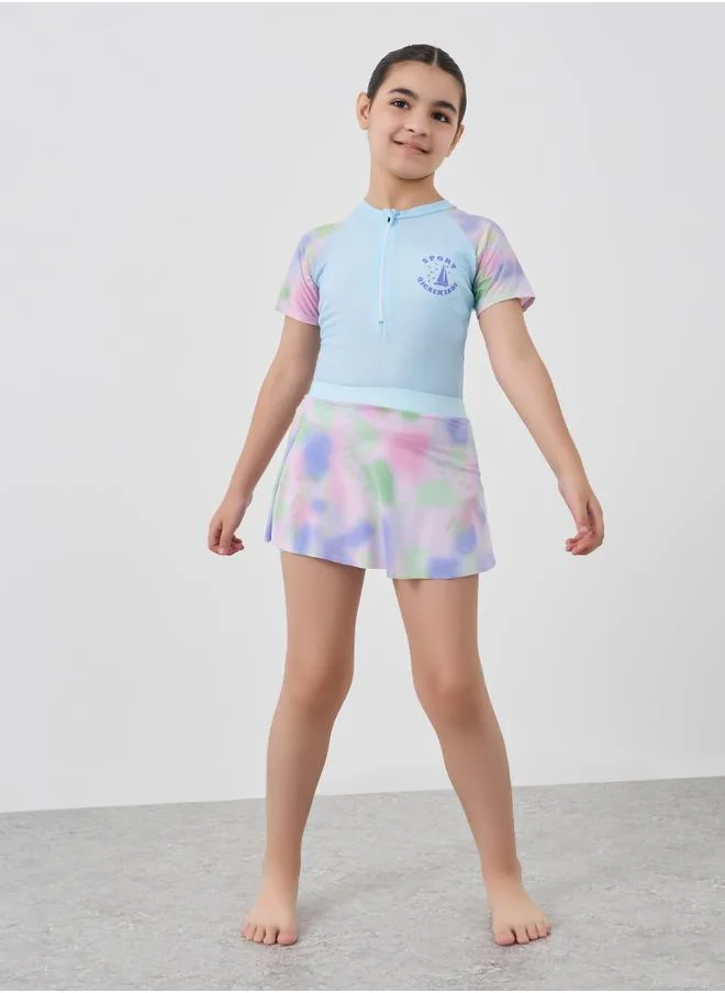 Styli Styli Girls Blue Printed Raglan Sleeve Swimsuit