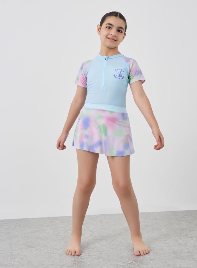 Styli Styli Girls Blue Printed Raglan Sleeve Swimsuit - Image 1