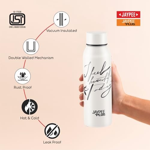 Jaypee Plus Punch Prime Stainless Steel Printed Vacuum Insulated Water Bottle 620 ml | ISI Certified Rustproof & Leakproof Flask with 24Hrs Hot & Cold Ideal for School Kids, Office & Travel - (White) - Image 3
