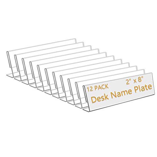 Opexscal 12 Pack 8" W x 2" H Acrylic Office Name Plates Name Labels for Desks, Horizontal Slant Back Clear Desk Sign Holder for Table Display - Image 1