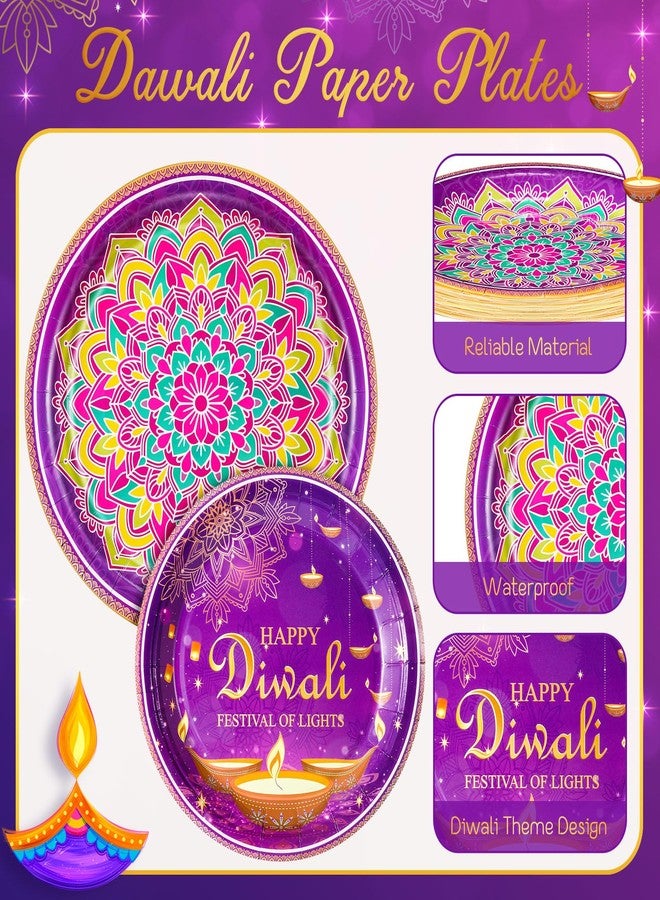 Potchen 175 Pcs Happy Diwali Party Supplies India Festival of Lights Disposable Tableware Include Paper Plates Cups Napkins Knives Forks and Spoons for Diwali Indian Deepawali Hindu Party Decoration - Image 4