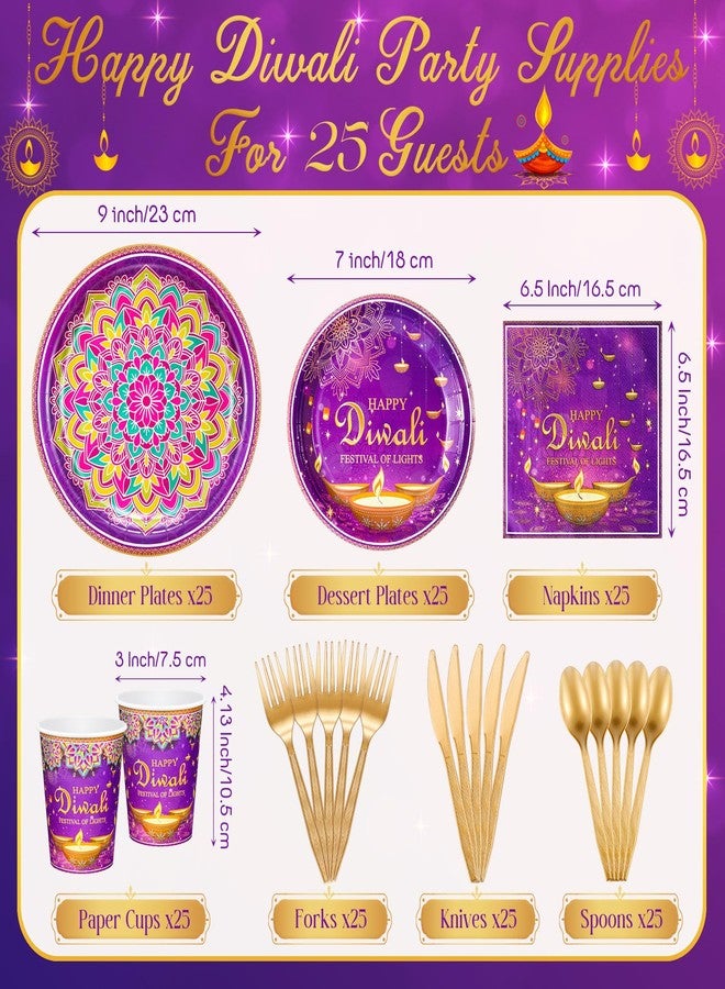 Potchen 175 Pcs Happy Diwali Party Supplies India Festival of Lights Disposable Tableware Include Paper Plates Cups Napkins Knives Forks and Spoons for Diwali Indian Deepawali Hindu Party Decoration - Image 3