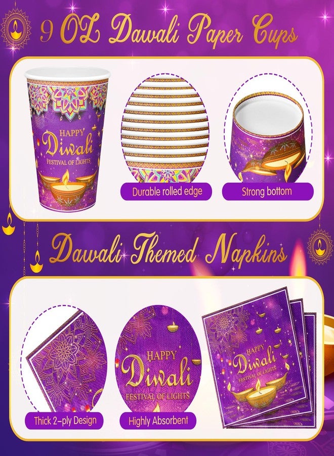 Potchen 175 Pcs Happy Diwali Party Supplies India Festival of Lights Disposable Tableware Include Paper Plates Cups Napkins Knives Forks and Spoons for Diwali Indian Deepawali Hindu Party Decoration - Image 5