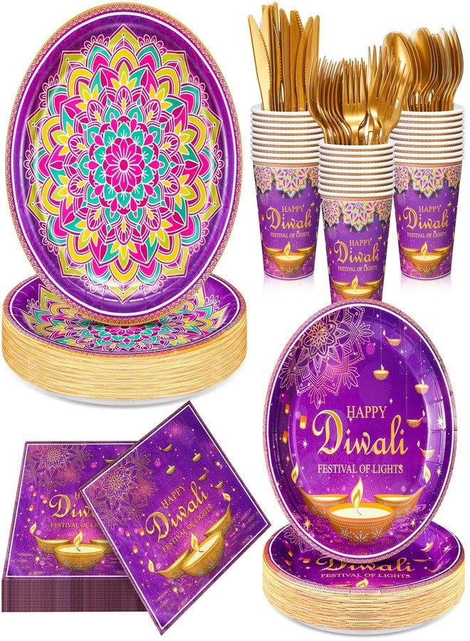 Potchen 175 Pcs Happy Diwali Party Supplies India Festival of Lights Disposable Tableware Include Paper Plates Cups Napkins Knives Forks and Spoons for Diwali Indian Deepawali Hindu Party Decoration - Image 1