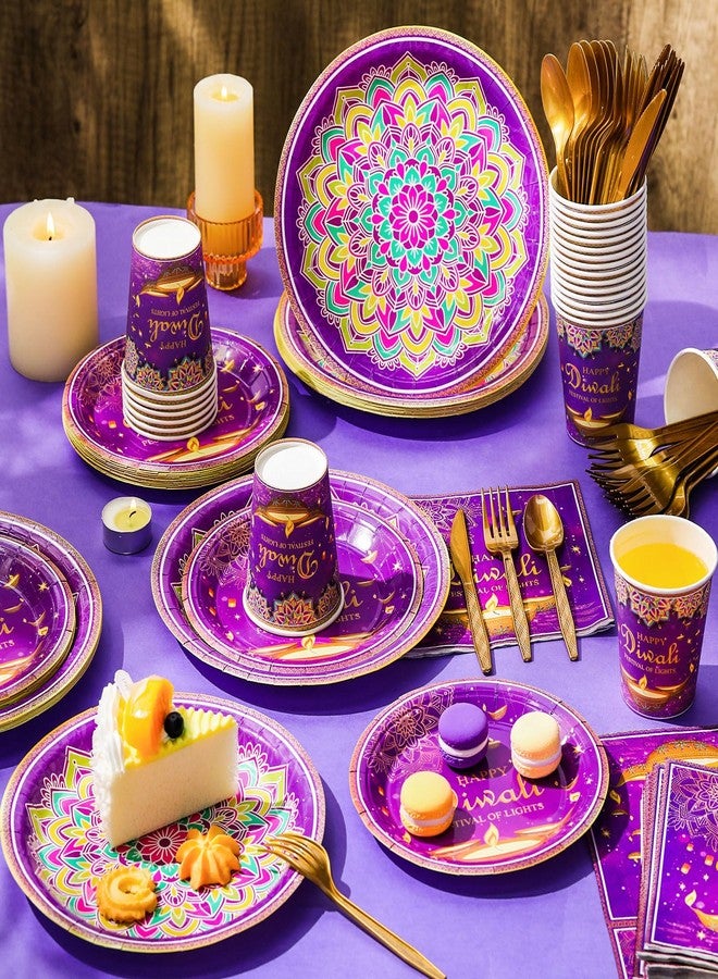 Potchen 175 Pcs Happy Diwali Party Supplies India Festival of Lights Disposable Tableware Include Paper Plates Cups Napkins Knives Forks and Spoons for Diwali Indian Deepawali Hindu Party Decoration - Image 2