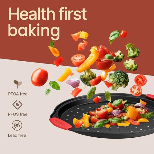 BAKKENMASTER Bakken Pizza Baking Pan - Round Perforated Carbon Steel Pan with Non-Stick Marble Coating, Oversized Silicone Handle, Dishwasher Safe, High-Temperature Resistant, Durable & Easy Cleanup Black, 2 Pack - Image 5