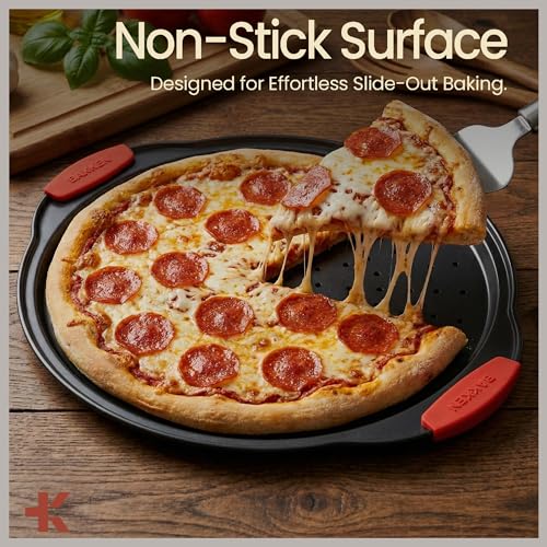BAKKENMASTER Bakken Pizza Baking Pan - Round Perforated Carbon Steel Pan with Non-Stick Marble Coating, Oversized Silicone Handle, Dishwasher Safe, High-Temperature Resistant, Durable & Easy Cleanup Black, 2 Pack - Image 3