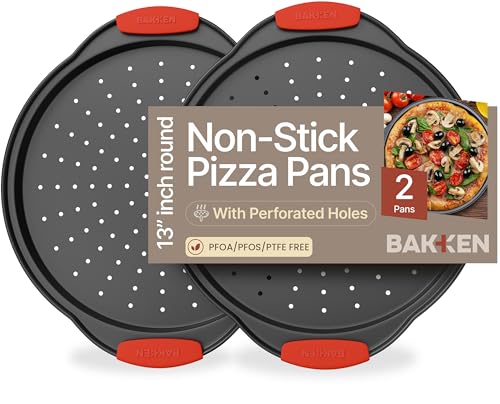 BAKKENMASTER Bakken Pizza Baking Pan - Round Perforated Carbon Steel Pan with Non-Stick Marble Coating, Oversized Silicone Handle, Dishwasher Safe, High-Temperature Resistant, Durable & Easy Cleanup Black, 2 Pack - Image 1
