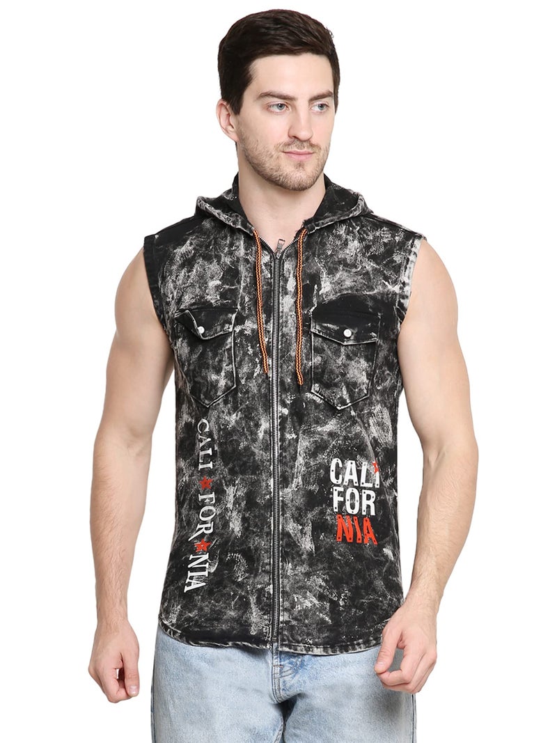 Matelco Mens Washed Denim Sleeveless Hooded Shirt Jacket (Small, Black) - Image 1
