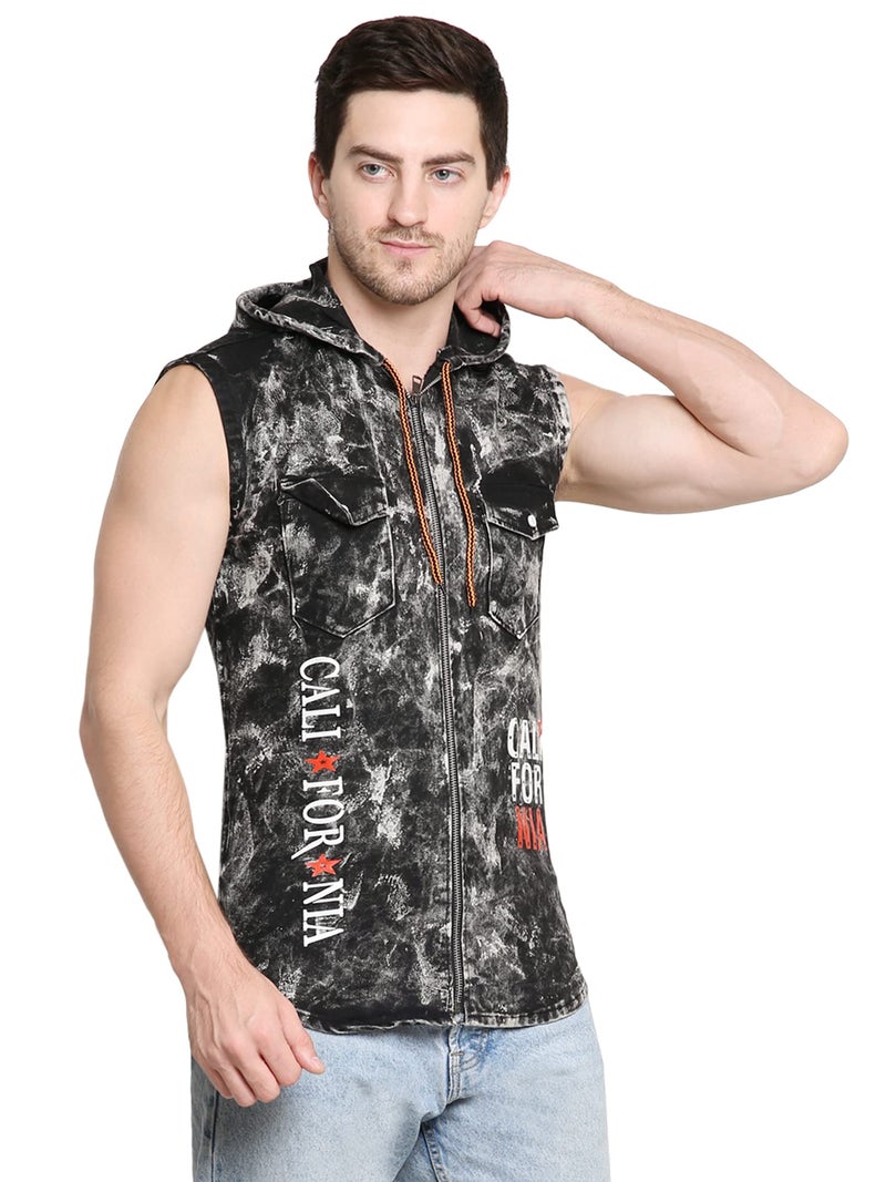 Matelco Mens Washed Denim Sleeveless Hooded Shirt Jacket (Small, Black) - Image 3
