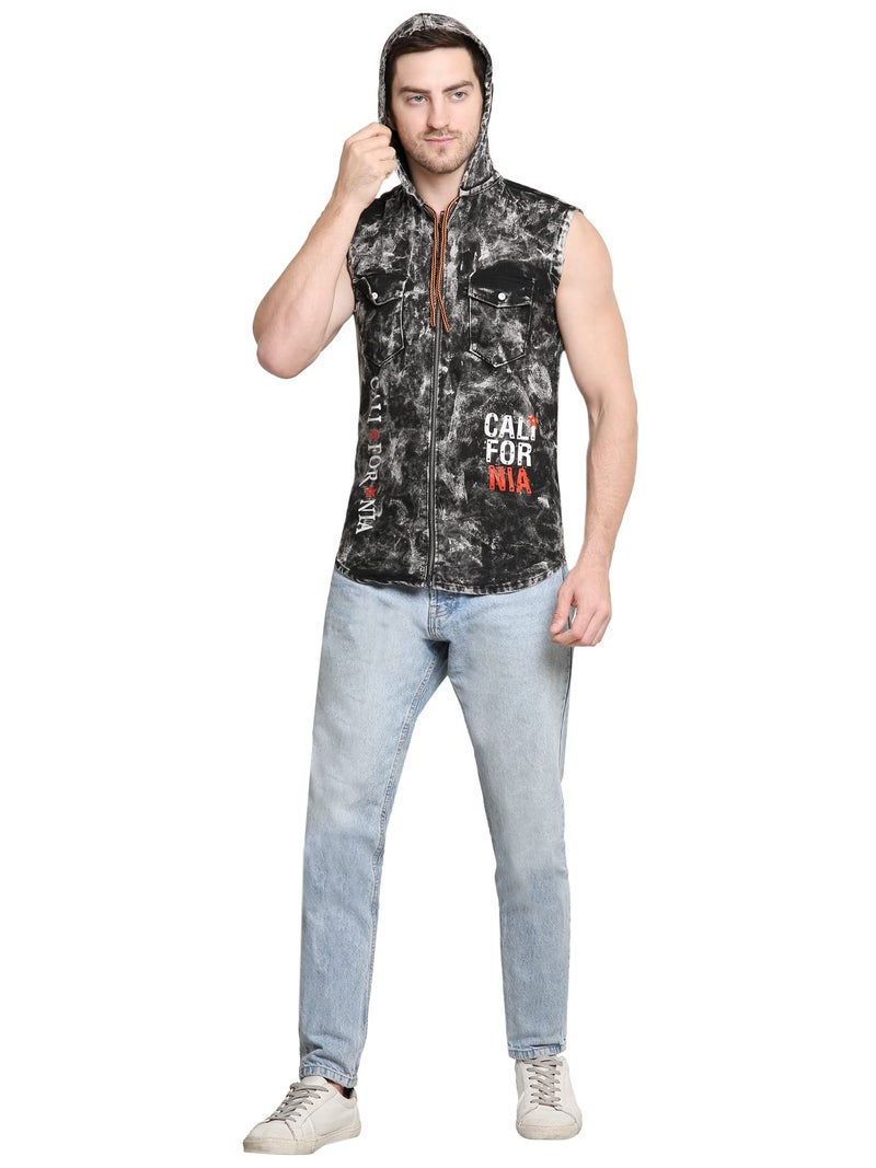 Matelco Mens Washed Denim Sleeveless Hooded Shirt Jacket (Small, Black) - Image 5