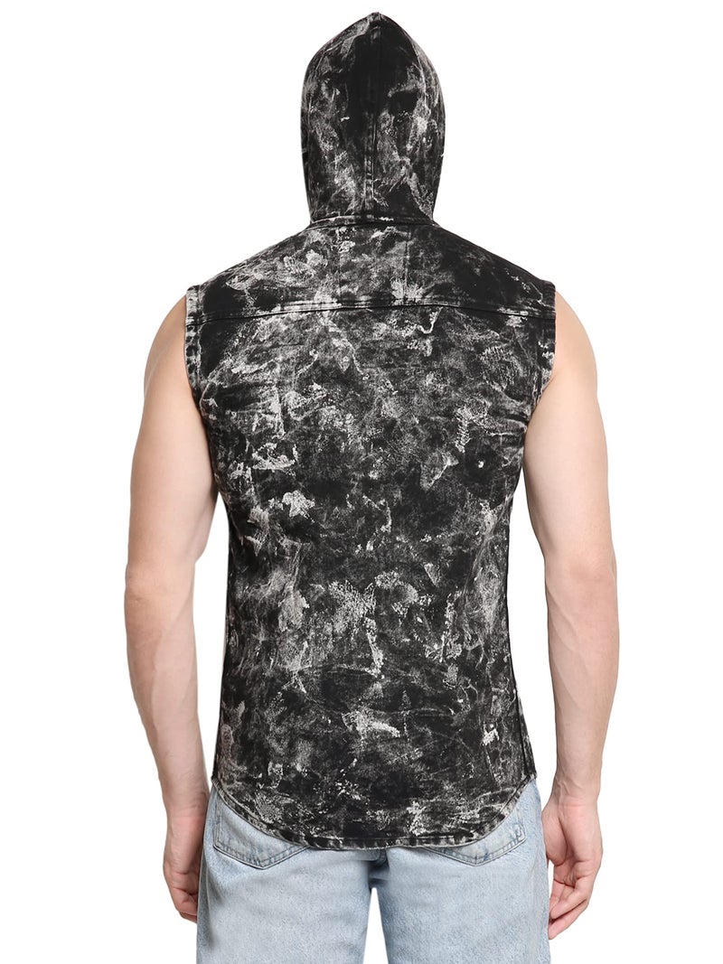 Matelco Mens Washed Denim Sleeveless Hooded Shirt Jacket (Small, Black) - Image 4