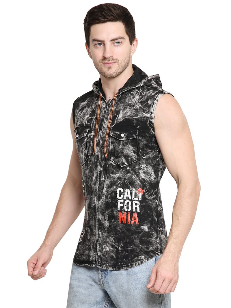 Matelco Mens Washed Denim Sleeveless Hooded Shirt Jacket (Small, Black) - Image 2