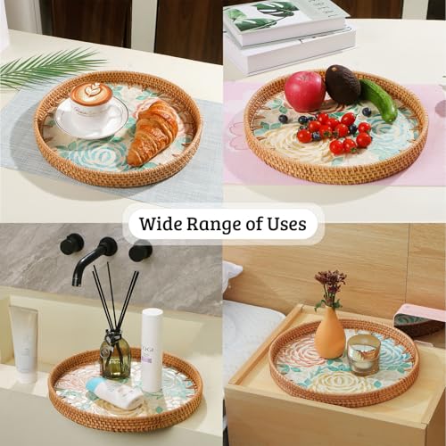 Aayoruro Round Rattan Tray with Mother of Pearl Inlay, Decorative Wicker Serving Tray with Wooden Base, Woven Basket Trays for Bread Fruits Coffee, Peony - Image 4