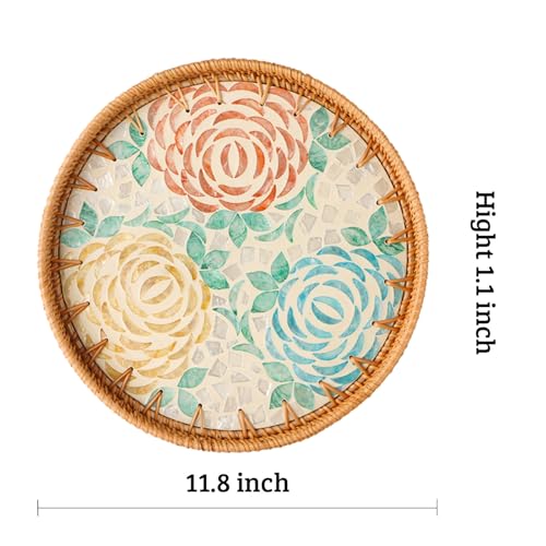 Aayoruro Round Rattan Tray with Mother of Pearl Inlay, Decorative Wicker Serving Tray with Wooden Base, Woven Basket Trays for Bread Fruits Coffee, Peony - Image 3