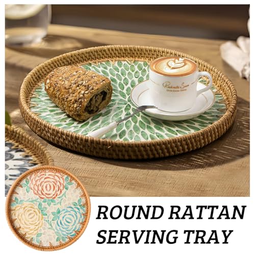 Aayoruro Round Rattan Tray with Mother of Pearl Inlay, Decorative Wicker Serving Tray with Wooden Base, Woven Basket Trays for Bread Fruits Coffee, Peony - Image 5