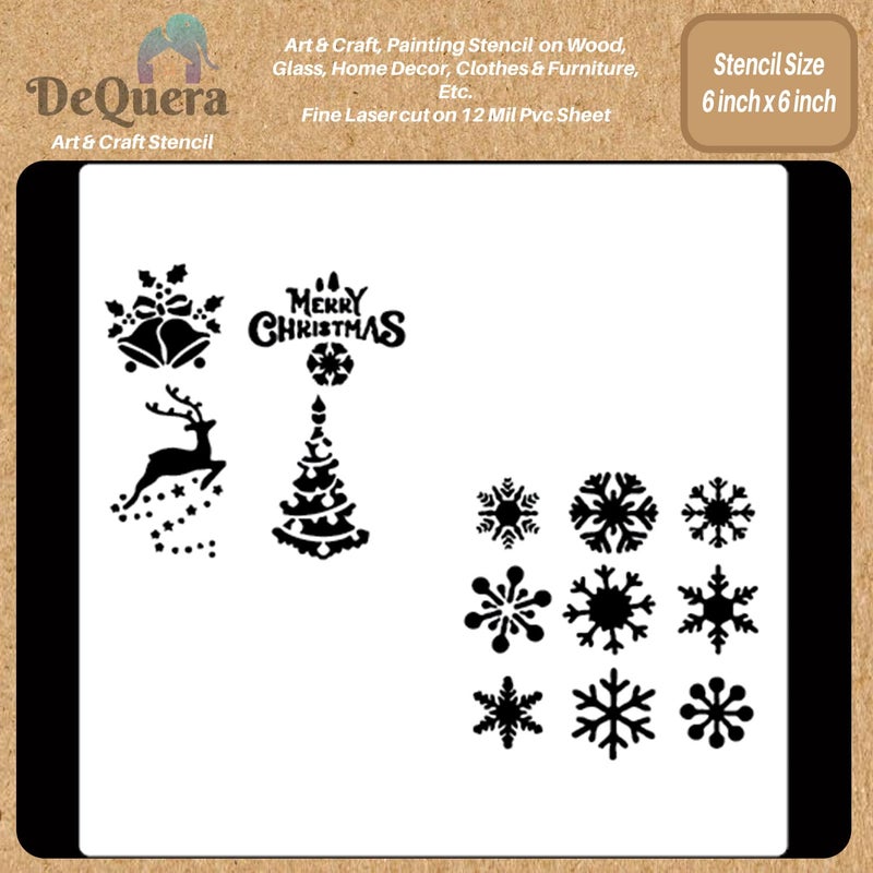 DeQuera Stencils for Craft and Art - Craft Bell, Merryas, Snowflake, Christmas Tree Stencil- Reusable DIY Stencils for Painting - Stencils for Fabric Painting Size 6 x 6 Inch Pack of 1, DQL-1146 - Image 1