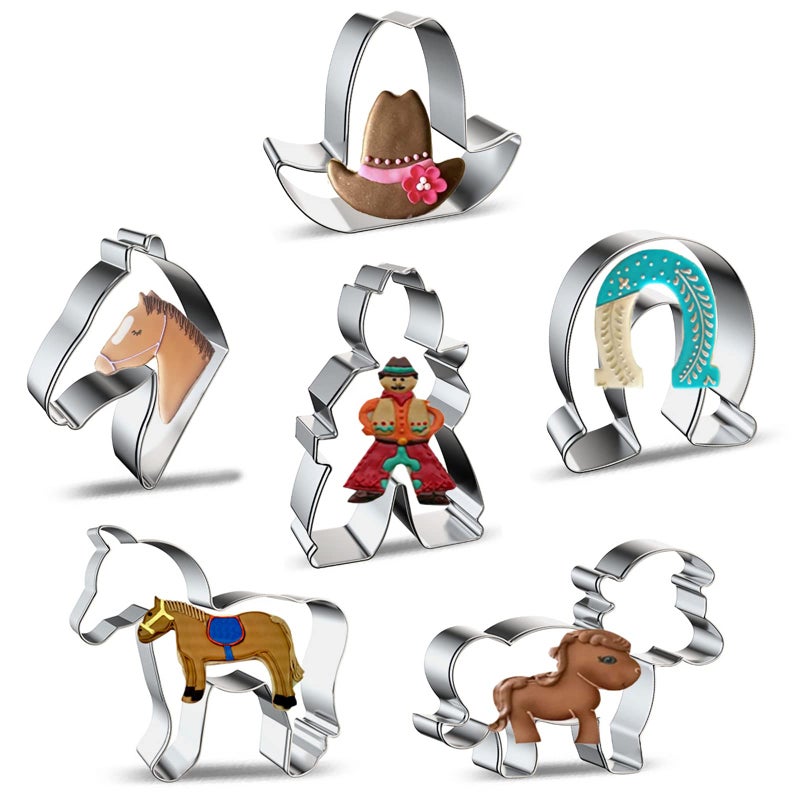 azflyife Horse Cowboy Cookie Cutters Shapes Baking Set  6 Pieces Stainless Steel Metal Mold with Horse  Pony  Horse Head  Horseshoe  Cowboy  Cowboy Hat Cookie Cutter for Biscuit Pastry Fondant Gingerbread Cake - Image 1