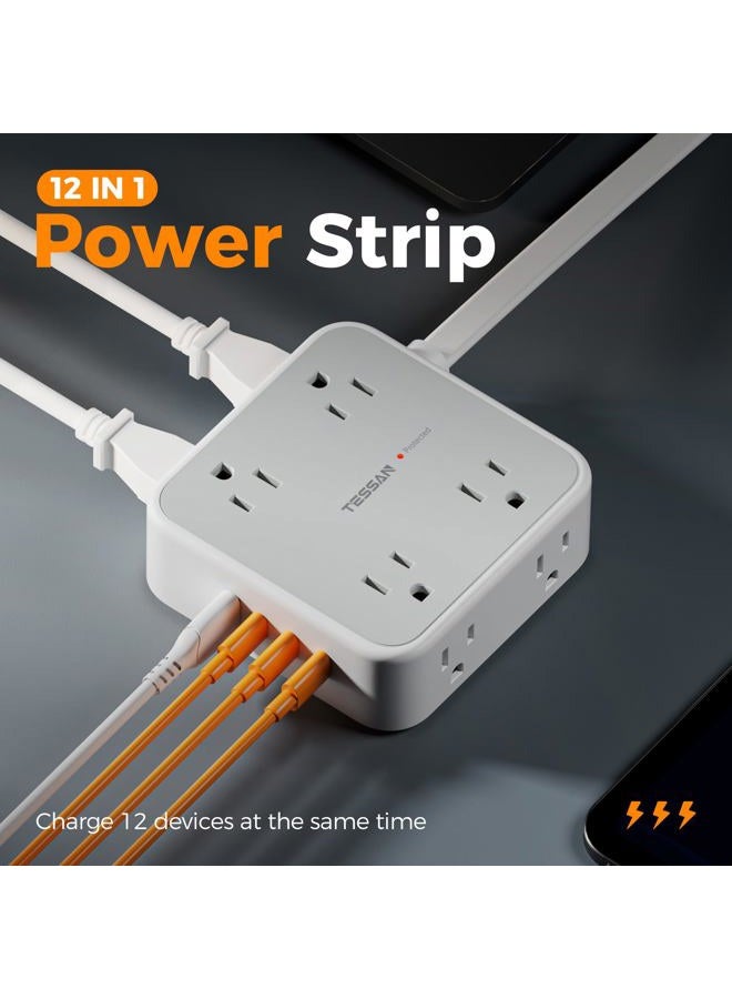 TESSAN Electric Extension Power Strip with Surge Protector, 1.5 M Flat Extension Socket with 8 AC Outlets and 4 USB (3 USB C), Multiple Connector for Office Dorm, Grey - Image 3