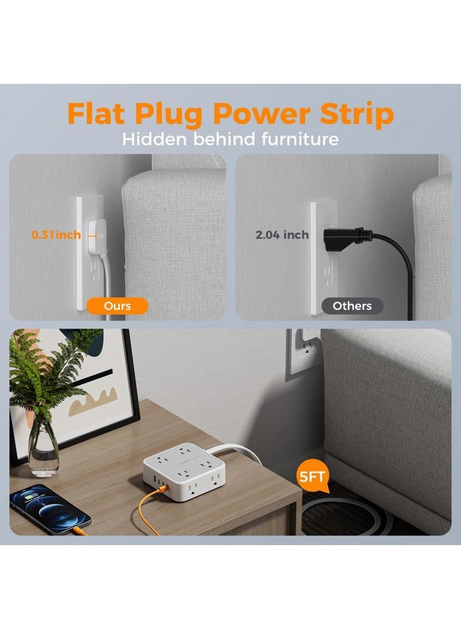 TESSAN Electric Extension Power Strip with Surge Protector, 1.5 M Flat Extension Socket with 8 AC Outlets and 4 USB (3 USB C), Multiple Connector for Office Dorm, Grey - Image 4
