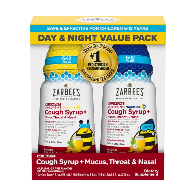 Zarbee's Children's All-in-One Honey Cough Syrup + Mucus, Throat & Nasal Day & Night Value Two Pack for Kids 6-12 + Dark Honey, Ivy Leaf Extract, Zinc Turmeric Root & B-Vitamins, Grape, 2 x 4 fl. Oz - Image 1