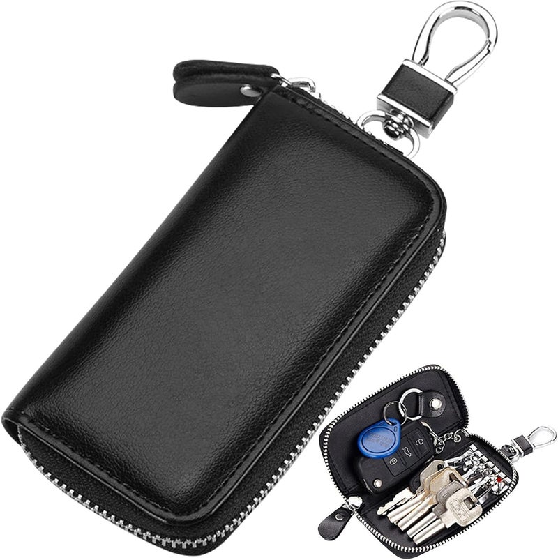 Wesoke Leather Car Key Case Holder Black Keychain Case Bag, Universal Car Key Fob Bags for Men Women, Auto Key Chain Protector Cover Key Ring Zipper Bag with 6 Hooks and Metal Hook - Image 1