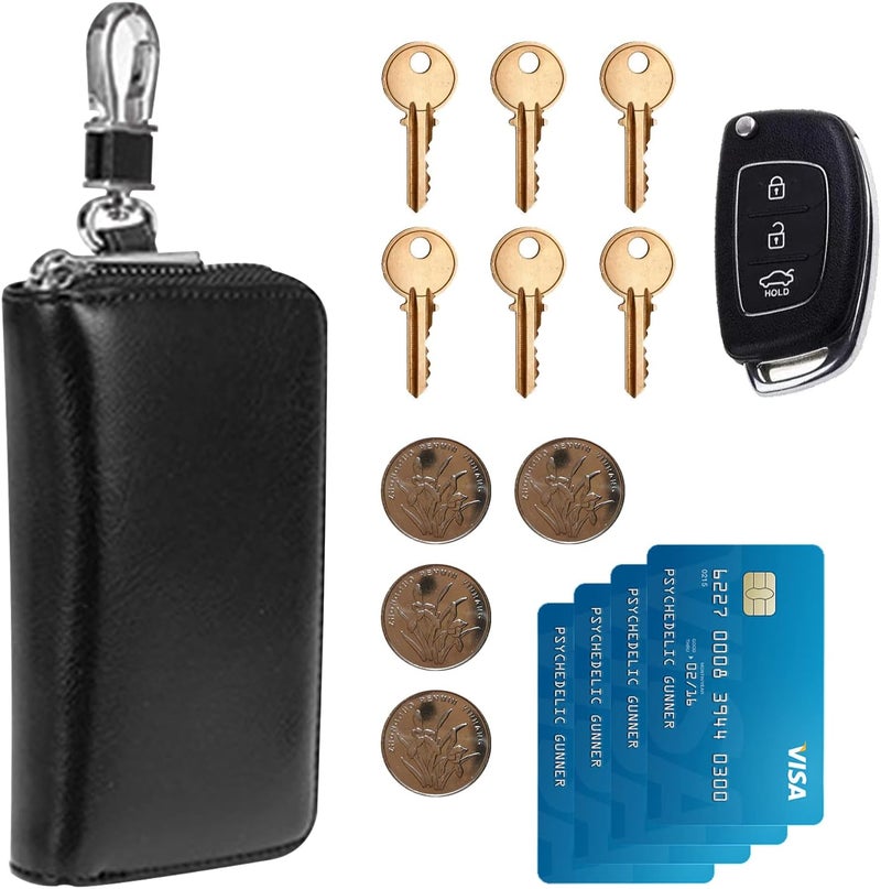 Wesoke Leather Car Key Case Holder Black Keychain Case Bag, Universal Car Key Fob Bags for Men Women, Auto Key Chain Protector Cover Key Ring Zipper Bag with 6 Hooks and Metal Hook - Image 3
