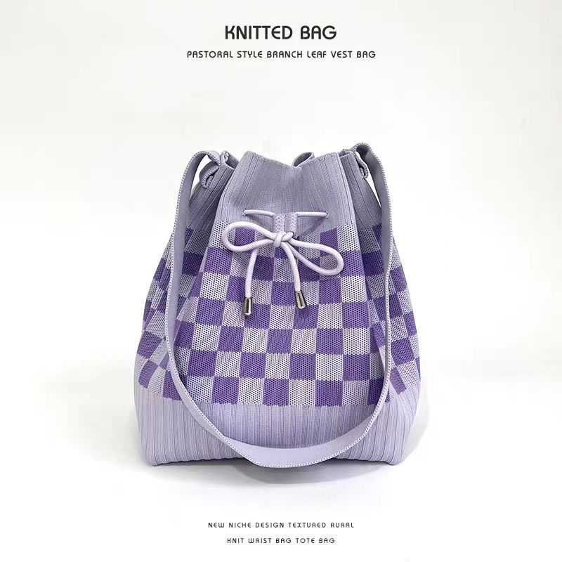 New Open Drawstring Rhombic Knitted Bucket Bag Large Capacity Handbag Retro All-Match Portable Shoulder Bag - Image 5