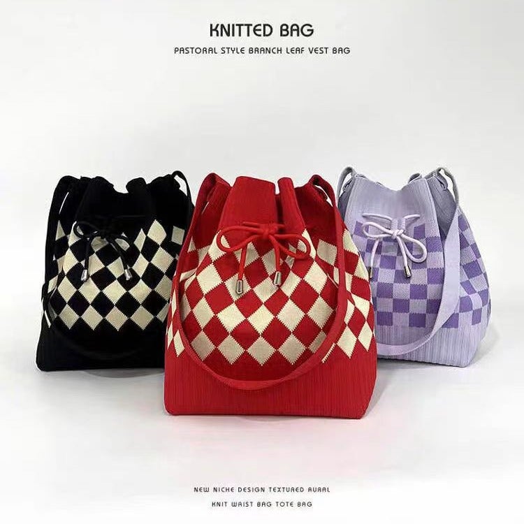 New Open Drawstring Rhombic Knitted Bucket Bag Large Capacity Handbag Retro All-Match Portable Shoulder Bag - Image 2