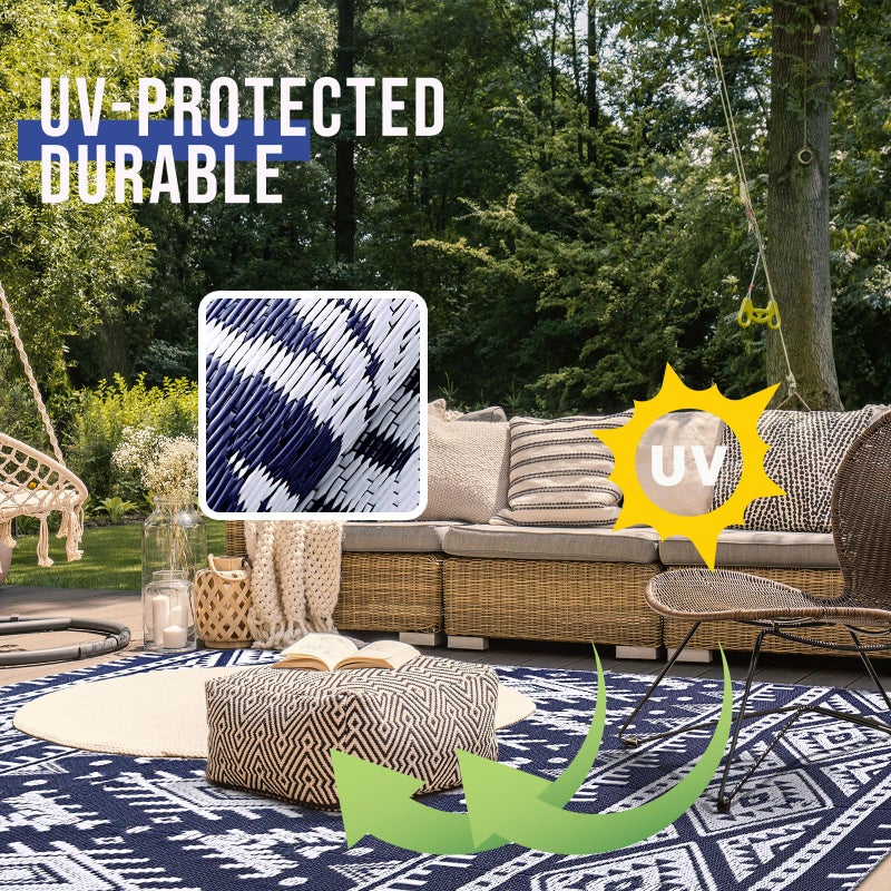 OLANLY Outdoor Rug Waterproof 5x8 ft, Reversible Outdoor Plastic Straw Rug, Boho Patio Rug, Indoor Outdoor Carpet, RV Mat Outside for Patio, Camp, Picnic, Balcony, Deck, Backyard, Navy & White - Image 4