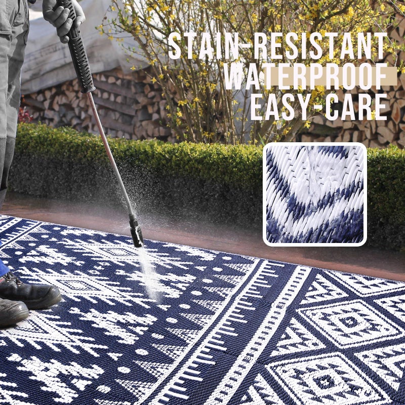 OLANLY Outdoor Rug Waterproof 5x8 ft, Reversible Outdoor Plastic Straw Rug, Boho Patio Rug, Indoor Outdoor Carpet, RV Mat Outside for Patio, Camp, Picnic, Balcony, Deck, Backyard, Navy & White - Image 3