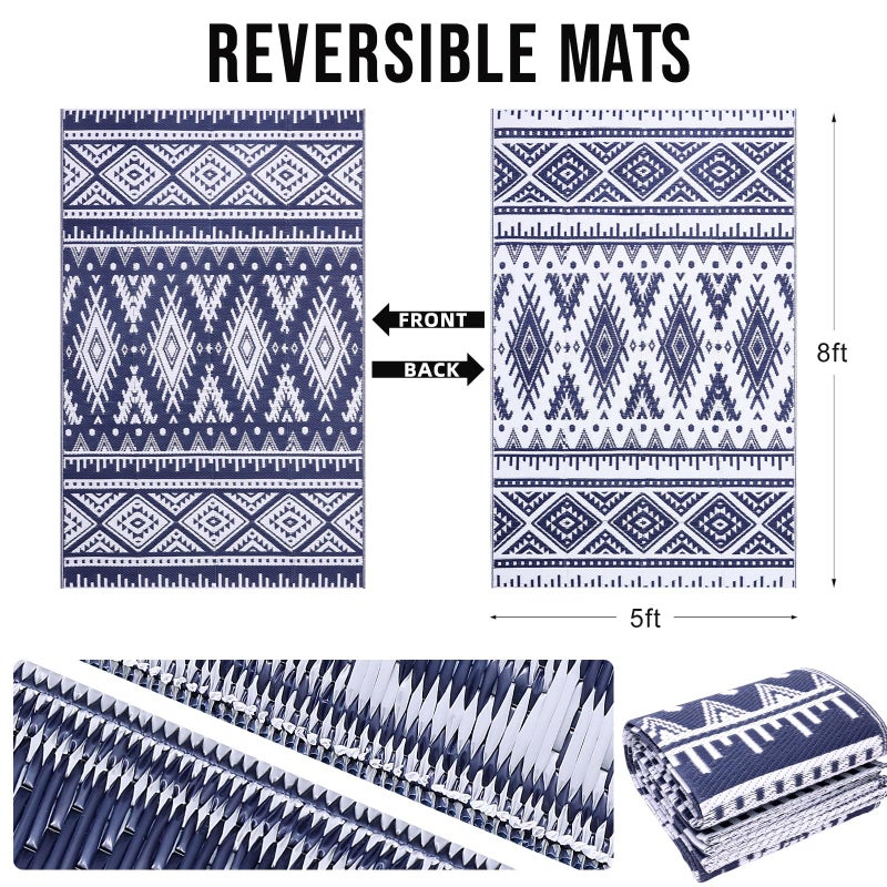 OLANLY Outdoor Rug Waterproof 5x8 ft, Reversible Outdoor Plastic Straw Rug, Boho Patio Rug, Indoor Outdoor Carpet, RV Mat Outside for Patio, Camp, Picnic, Balcony, Deck, Backyard, Navy & White - Image 2
