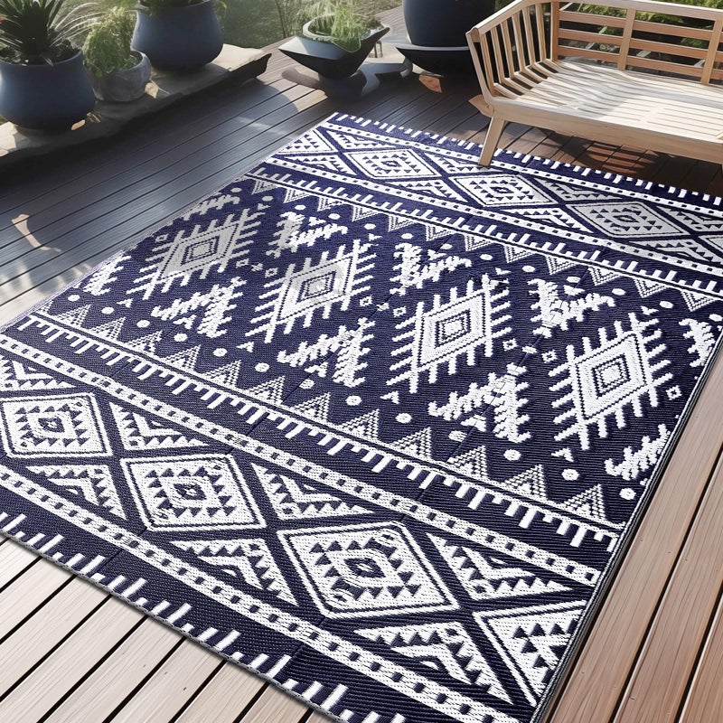OLANLY Outdoor Rug Waterproof 5x8 ft, Reversible Outdoor Plastic Straw Rug, Boho Patio Rug, Indoor Outdoor Carpet, RV Mat Outside for Patio, Camp, Picnic, Balcony, Deck, Backyard, Navy & White - Image 1