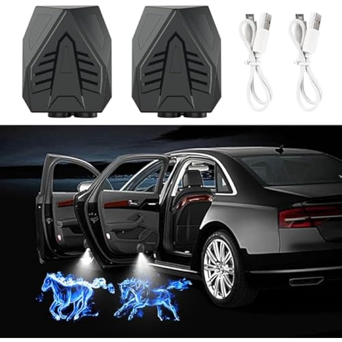 KASTWAVE 2 Pcs Car Door Projector Lights Led Flame Horse Wing Logo Welcome Light Fit For All Car Models Blue - Image 1