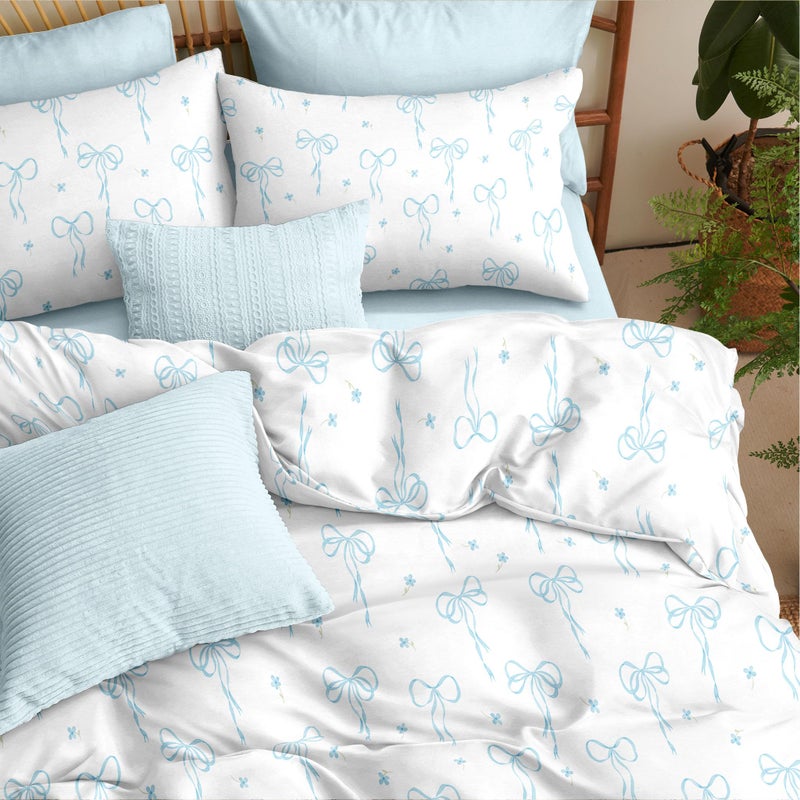 Bildenly Comforter Set Full Size White - Light Blue Bow Quilt Bedding Set 3 Pieces, Comforter Set Full, Soft & Lightweight Comforter(79â€˜â€™ x 90â€˜â€™) for Girl All Season & 2 Pillow Cases(30â€˜â€™x20â€˜â€™) - Image 3