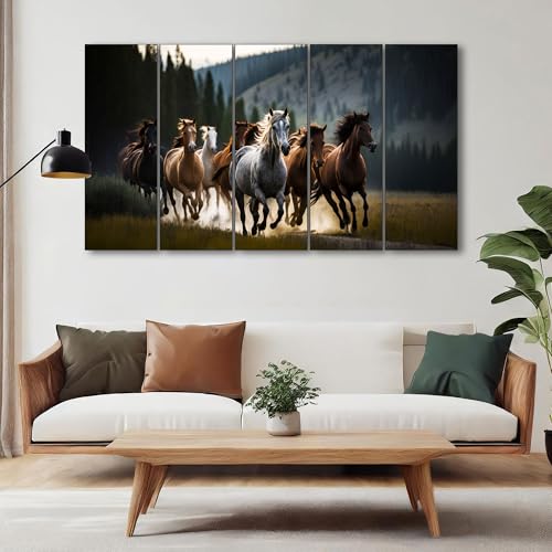 The Castle Decor لوحة جدارية 7 خيول من كاسل ديكور لغرفة المعيشة بحجم كبير - لوحة 7 خيول جارية فاستو لغرفة النوم، المكتب، الفندق - ديكور جدار لوحة رقمية مؤطرة خشبية للهدايا (27x48 بوصة) - Image 3