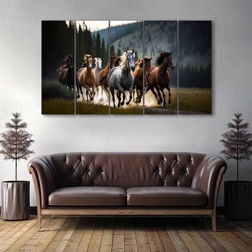 The Castle Decor لوحة جدارية 7 خيول من كاسل ديكور لغرفة المعيشة بحجم كبير - لوحة 7 خيول جارية فاستو لغرفة النوم، المكتب، الفندق - ديكور جدار لوحة رقمية مؤطرة خشبية للهدايا (27x48 بوصة) - Image 1