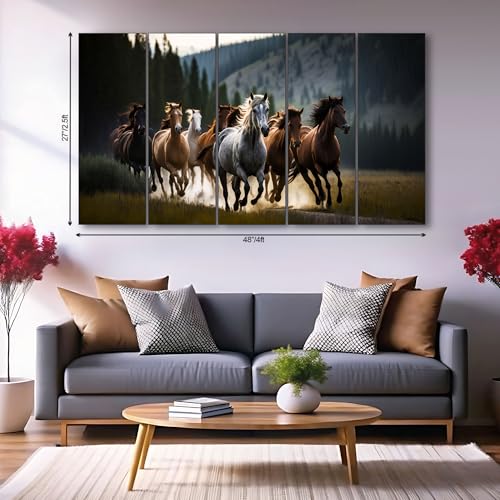 The Castle Decor لوحة جدارية 7 خيول من كاسل ديكور لغرفة المعيشة بحجم كبير - لوحة 7 خيول جارية فاستو لغرفة النوم، المكتب، الفندق - ديكور جدار لوحة رقمية مؤطرة خشبية للهدايا (27x48 بوصة) - Image 2