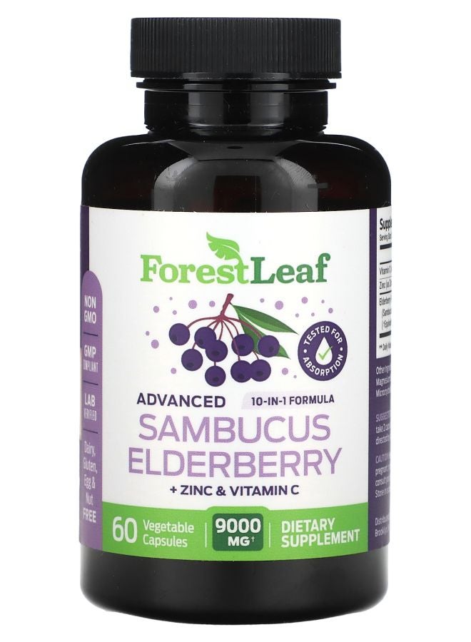 Advanced Sambucus Elderberry + Zinc & Vitamin C 9000 mg 60 Vegetable Capsules (4500 mg per Capsule)