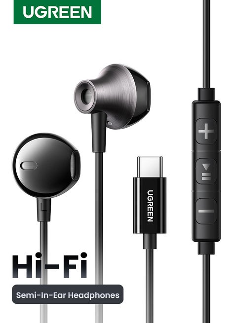 USB C Earphones Semi-in ear Wired Headphones with Volume Control, Type-C Earbuds Noise-cancelling Microphone 14.2mm Driver, for iPhone 16 Series, Galaxy S24/S23/S22 Series, iPad Pro, iPad Air black