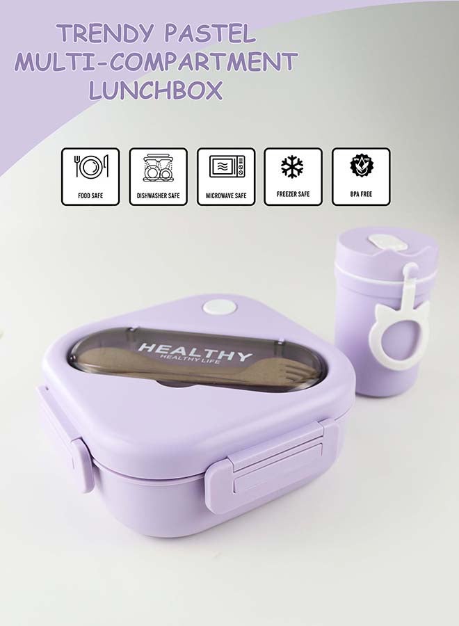 توشيونيكس مجموعة صندوق غداء بينتو بلاستيكي محمول بسعة 1300 لتر مع كوب حساء سعة 330 مل وشوكة وفتحة أدوات مائدة مدمجة على الغطاء، حاوية طعام بثلاثة أقسام - آمنة للاستخدام في الفريزر وغسالة الأطباق والميكروويف، صندوق طعام مانع للتسرب ومحكم الإغلاق مع ثلاثة أقسام، خالٍ من مادة BPA، خفيف الوزن، متين وقابل لإعادة التدوير للبالغين والأطفال - مثالي للاستخدام في المنزل والمكتب والسفر ومراكز الرعاية النهارية ومرحلة ما قبل المدرسة وصندوق غداء العودة إلى المدرسة - 17 × 17 × 6 سم - Image 3