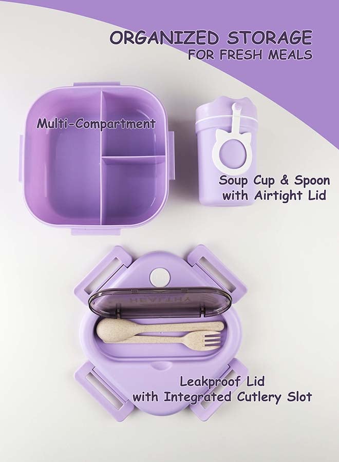 توشيونيكس مجموعة صندوق غداء بينتو بلاستيكي محمول بسعة 1300 لتر مع كوب حساء سعة 330 مل وشوكة وفتحة أدوات مائدة مدمجة على الغطاء، حاوية طعام بثلاثة أقسام - آمنة للاستخدام في الفريزر وغسالة الأطباق والميكروويف، صندوق طعام مانع للتسرب ومحكم الإغلاق مع ثلاثة أقسام، خالٍ من مادة BPA، خفيف الوزن، متين وقابل لإعادة التدوير للبالغين والأطفال - مثالي للاستخدام في المنزل والمكتب والسفر ومراكز الرعاية النهارية ومرحلة ما قبل المدرسة وصندوق غداء العودة إلى المدرسة - 17 × 17 × 6 سم - Image 2