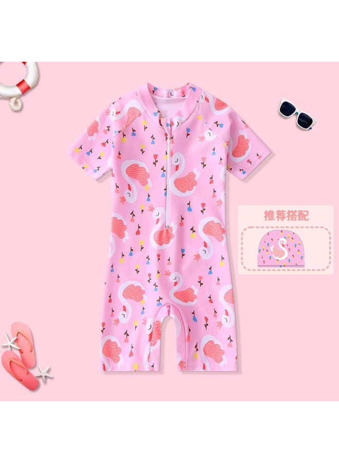 New Girls' Swimsuit Cartoon Short-sleeved Children's Swimming Suit 3-year-old 6-year-old Men's Swimsuit Suit Swimming Cap