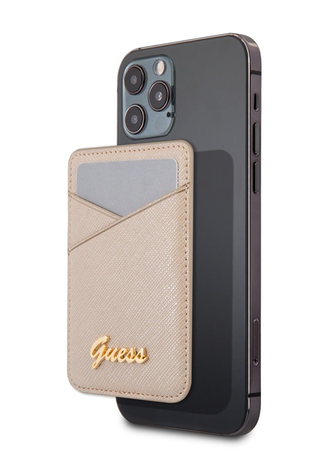 GUESS Saffiano Script Wallet Card slot with MagSafe / Phone Back Slot Wallet Card Case / Convenient to carry small things - Gold  - Image 1