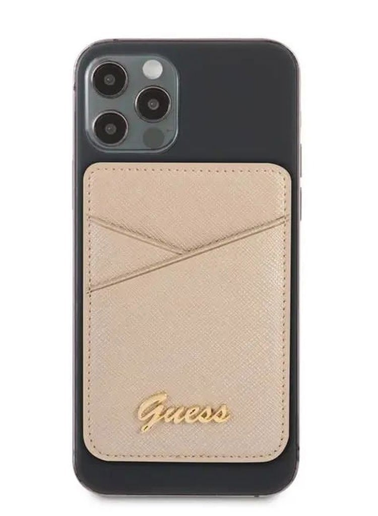 GUESS Saffiano Script Wallet Card slot with MagSafe / Phone Back Slot Wallet Card Case / Convenient to carry small things - Gold  - Image 2