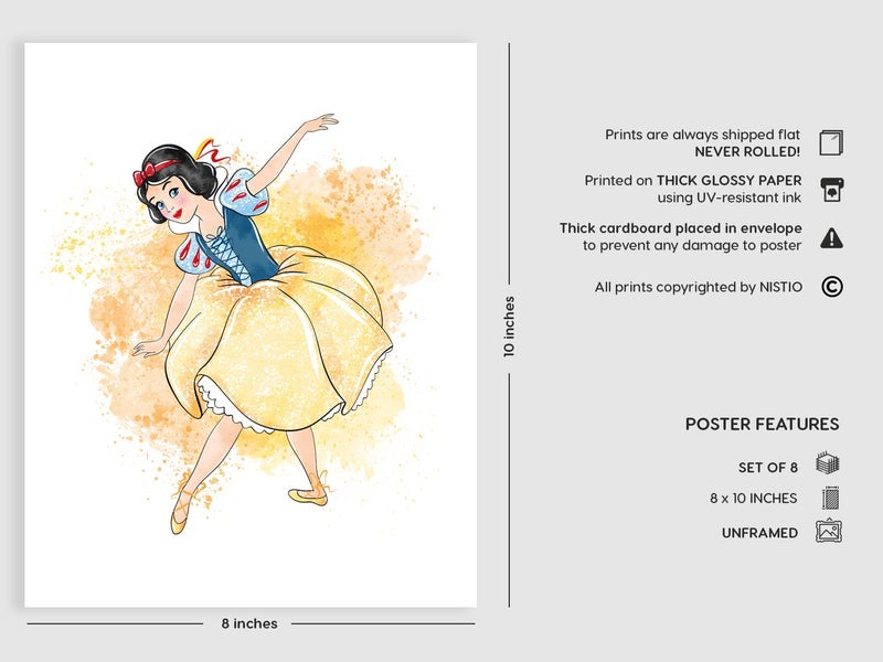 NistioÂ® Disney Princess Ballerina Wall Art Prints, Princess Playroom Decor, Elsa, Cinderella, Ariel, Snow White, Belle, Jasmine, Princess Anna, Tiana, Set of 8, 8x10 inches (Unframed) - Image 2