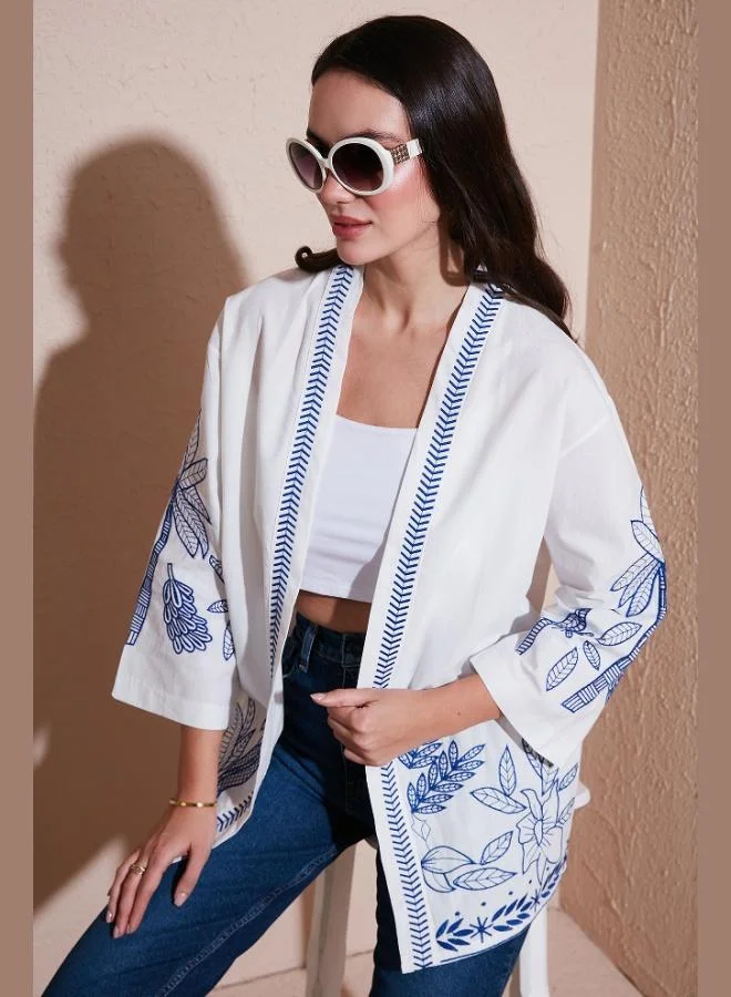 ليلا ليلى مطرز قطن مقاس كبير ثلاثة أرباع كم كيمونو نسائي